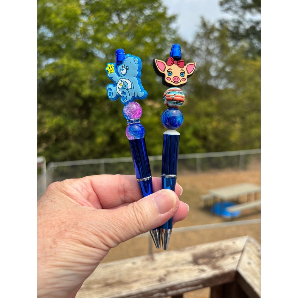 Set of 2 Blue Beaded Pens with Bear and Pig Character Toppers Handcrafted Gift